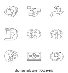 Global comunity icon set. Outline set of 9 global comunity vector icons for web isolated on white background