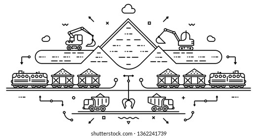 Concepto global de minerales de extracción, suelo, arena, grava. Extracción con excavadora y transporte con coche y tren de carga. Infografías planas. Ilustración delgada lineal.