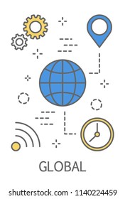 Global concept. Idea of modern technology and online international communication. Line icon set with globe, clock and gear. Isolated vector illustration