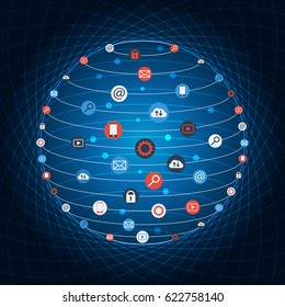 Global concept internet networking circle with flat icons illustration. Social Networking Creative Icon Collection. Global IT concept and planet earth.