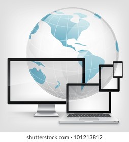 Global Concept. Laptop on Grey Gradient Background. Vector.