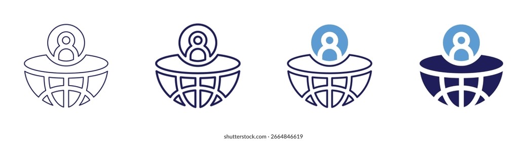Icono de conflicto global en 4 estilos diferentes. Línea delgada, línea, línea en negrita, duotono. Estilo duotono. Trazo editable.