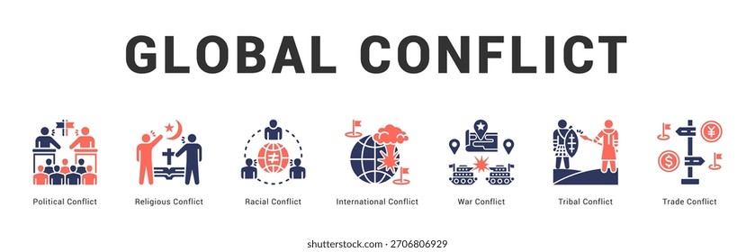 Global Conflict Ilustración de Anuncio de Web moderno y limpio con íconos temáticos para la comunicación visual