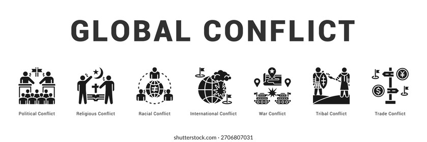 Global Conflict Ilustración de Anuncio de Web moderno y limpio con íconos temáticos para la comunicación visual