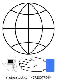 Global connection, AI collaboration, digital networking, future technology, human-machine interaction, innovation. are a globe, a hand and a robotic figure. Global connection and AI collaboration