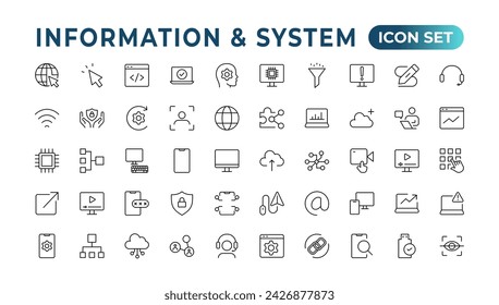 Global Connection, Cloud Data Technology Services, Information Line Icons. Programming coding set of web icons. Software development for and mobile app. Code,  information technology, coder more.