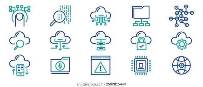 Conexión global, servicios de Tecnología de datos en la nube, iconos de línea de Tecnología de información. Trazo editable. Vector de stock. ilustración.