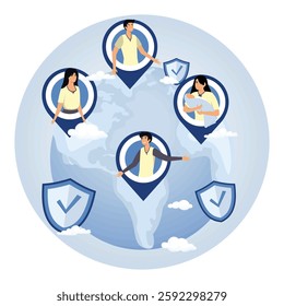 Global Connection Concept. Individuals spread across the globe linked by location markers, symbolizing international networking, community, and safety. Flat vector modern illustration 
