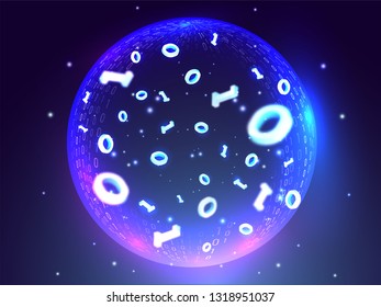 Global connection futuristic technology concept based matrix coding background with binary digits and shiny globe.