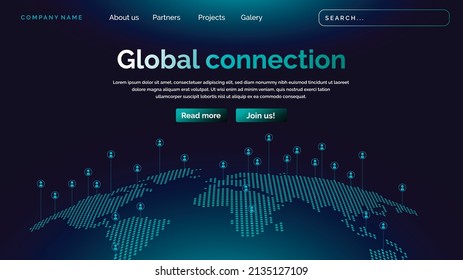 Global connection landing page with futuristic style design in dark background