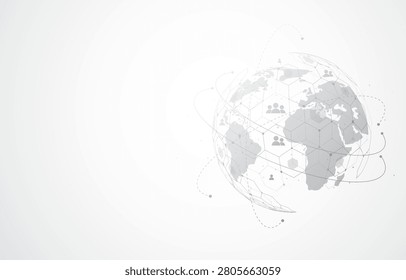 Global connection network abstract background with world map and people icons
