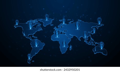 Global connection network background. Pin pointer on map. World map. Internet technology or global communication concept.