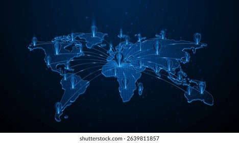 Global connection network background. Pin pointer on map. World map. Internet technology or global communication concept.	