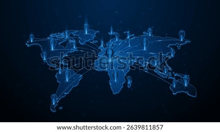 Global connection network background. Pin pointer on map. World map. Internet technology or global communication concept.	