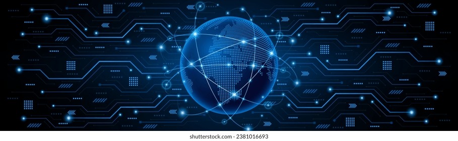 Global connection network background. World map with technology circuit boards. Internet technology concept or global communication
