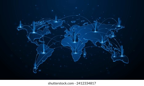 Global connection network background. World map. High-speed internet technology concept. Continental or country level communication
