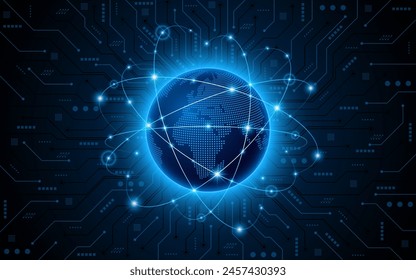 Global connection network background. World map with technology circuit boards. Internet technology concept or global communication