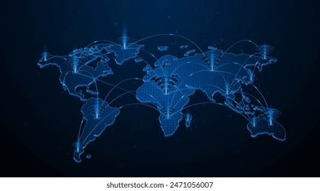 Hintergrund des globalen Verbindungsnetzwerks. Weltkarte. Internettechnologiekonzept für globale Kommunikation.	