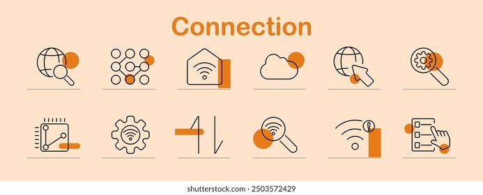Globales Verbindungssatz-Symbol. Globe, Netzwerk, Haus, Cloud, Lupe, Analyse, Technologie, Daten, Internet, Suche, Web, Kommunikation, remote, Zugriff, digital, global.