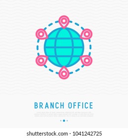 Global connection thin line icon: pointers on the globe. Modern vector illustration of worldwide communication, international business.