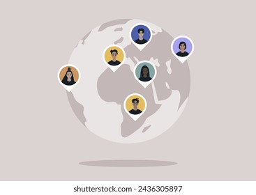 Global Connections, Diverse Avatars United on a Digital Earth, A variety of character pins on a stylized globe representing worldwide social interaction