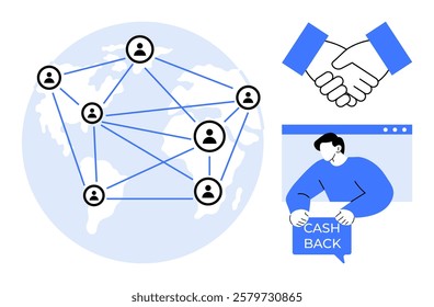 Global connections represented by interlinked user icons around a world map. A handshake symbolizes agreement and trust. A person holds a cashback sign. Ideal for network connectivity, global