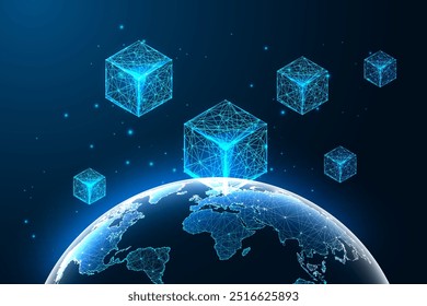 Conectividade global, descentralização e inovação digital no conceito futurista da criptoeconomia em evolução, com o planeta Terra e blockchain no fundo azul escuro. Ilustração vetorial abstrata.