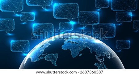 Global connectivity and digital communication concept with glowing speech bubbles and Earth globe. Futuristic low poly wireframe vector illustration for worldwide media and data sharing platforms.