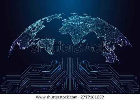 Global connectivity, digital infrastructure and worldwide data networks. Glowing low-poly world map above circuit board lines. Blue tech vector illustration for IT, telecom and global business designs