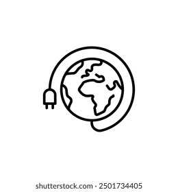 Global connectivity icon. A minimal line art icon featuring a globe encircled by a power cable. Ideal for use in content related to global networks, sustainable energy. Vector illustration.