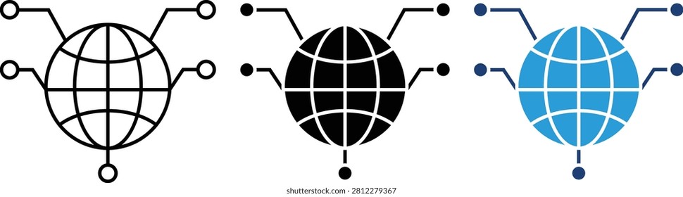 Global Connectivity Icons Set. Editable Stroke Outline, Solid and Flat Color Vector Icons for Internet Network, Cloud Computing and Worldwide Communication