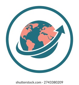 Global connectivity symbolized by a stylized world encircled by a dynamic teal arrow against a clean white background for international business and technology branding