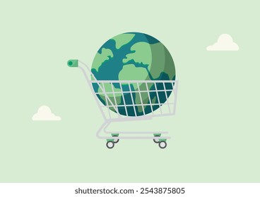 Consumerismo Global Carrinho de Compras da Terra Ilustração do Conceito. O globo terrestre sentado em carrinho de compras. comércio global e consumismo. Compras responsáveis. Aquisição ética. Ilustração vetorial