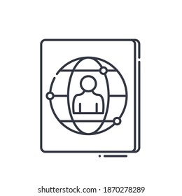 Global contact icon, linear isolated illustration, thin line vector, web design sign, outline concept symbol with editable stroke on white background.
