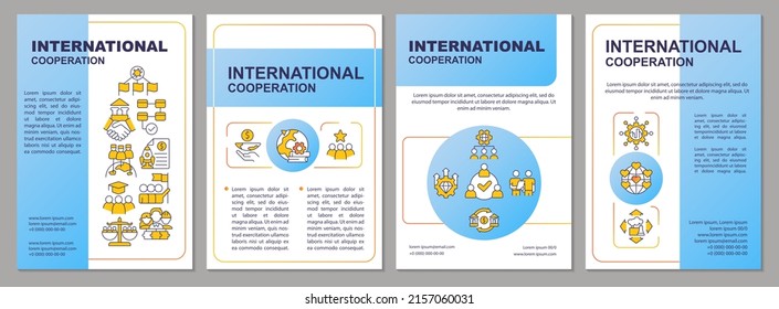 Global cooperation blue brochure template. World relations. Leaflet design with linear icons. 4 vector layouts for presentation, annual reports. Arial, Myriad Pro-Regular fonts used
