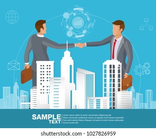 Global Cooperation. Businessmen Shaking Hands At The Building And Business Icon. Concept Success Leader. Vector Illustration.