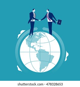 Global Cooperation. Businessmen Shaking Hands At The Globe. Concept Business Illustration