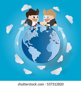 Global Cooperation. Businessmen shaking hands at the globe. Concept business illustration