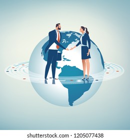 Global cooperation. Businesspersons shaking hands. Business concept vector illustration.