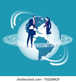 Global cooperation. Businesspersons shaking hands. Business concept vector illustration.