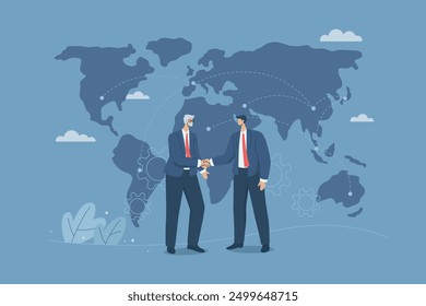 Global cooperation, Handshake for deal, Partners shaking hands, Collaboration of global business organizations, Two businessmen handshake to seal important international deal. Vector illustration.