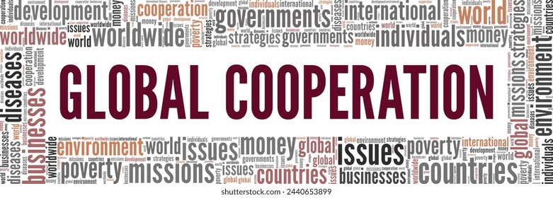 Diseño conceptual de la nube de palabras de Global Cooperation aislado sobre fondo blanco.
