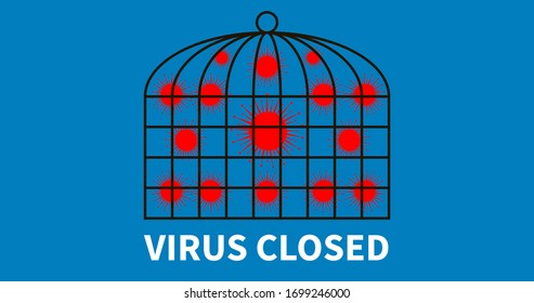 Global coronavirus COVID-19. Coronavirus strains in cage. Viral cells closed to prevent circulation. Isolated respiratory virus cannot infect humans. Pandemic virus risk concept. Vector EPS10 on blue