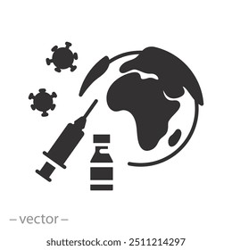 ícone de imunização global contra o coronavírus, vacina em todo o mundo, conceito de saúde no planeta Terra, seringa com dose injetável, ilustração de vetor plana