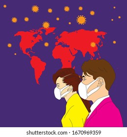 Global Coronavirus pandemic. Novel Coronavirus (2019-nCoV), people with white medical face masks. The concept of illustration of the vector corona virus