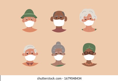 Global coronavirus pandemic. Set of old people faces in respiratory masks. Senior people of various nations at the highest risk of COVID-19. Collection of elderly characters. Flat vector illustration