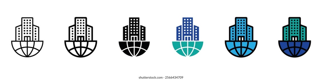 Global Corporation A global network of interconnected businesses symbolized by buildings within a globe. vector stock. 