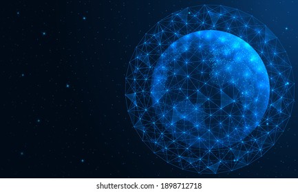 Global coverage of the planet by fiber connection. Access to the network from anywhere in the world. Polygonal construction of concatenated lines and points. Blue background.