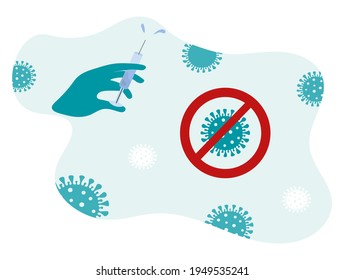 Global COVID-19 Vaccination Concept. Hand of a doctor or nurse in a medical glove with a syringe. Coronavirus warning sign. Time to get vaccinated. Poster or website landing page. Vector