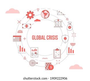 concepto de crisis global con banner de plantilla de conjunto de iconos con estilo de color naranja moderno y forma redondeada de círculo